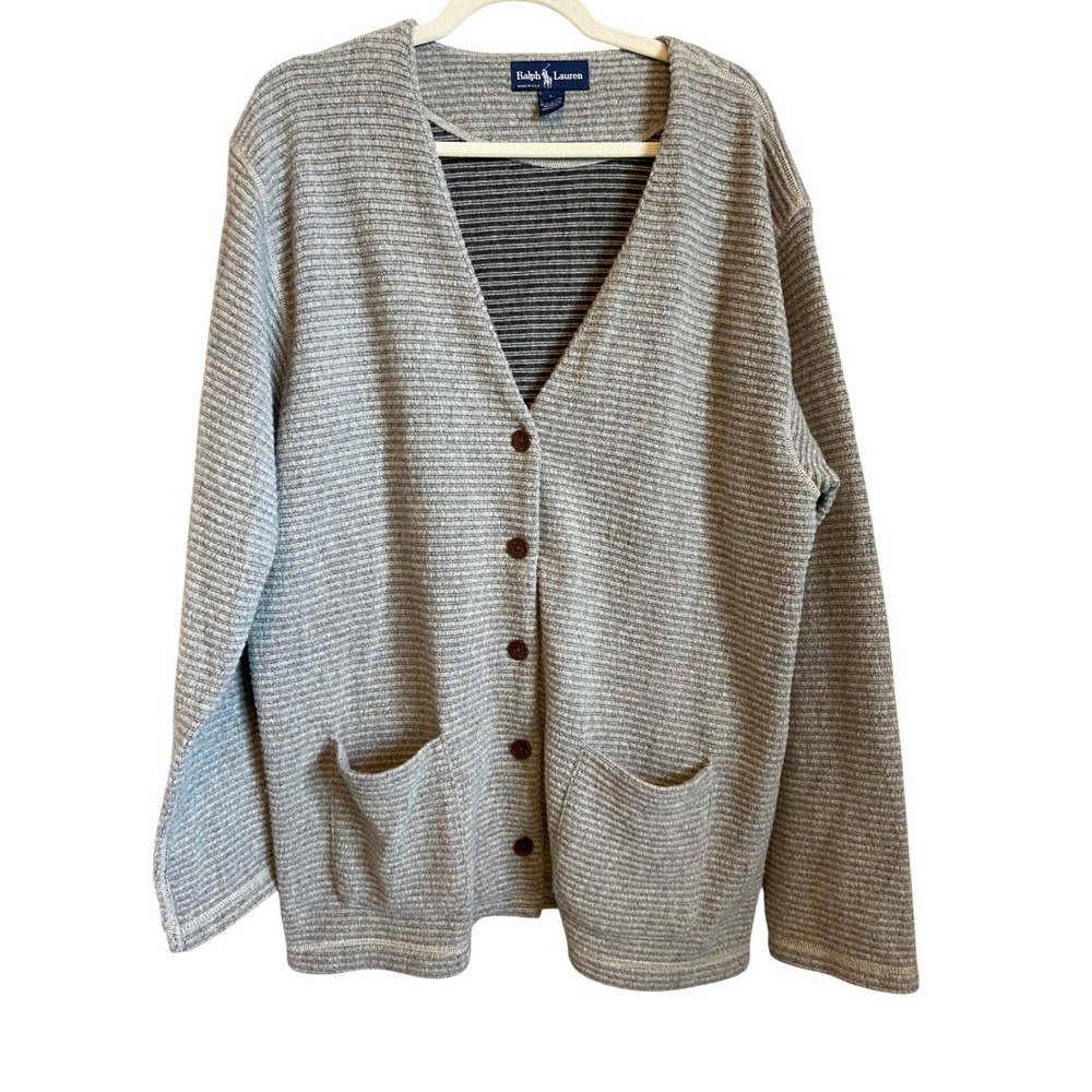 Ralph‎ Lauren Mens Wool Blend Ribbed Cardigan Sweater Grey Made in USA Large